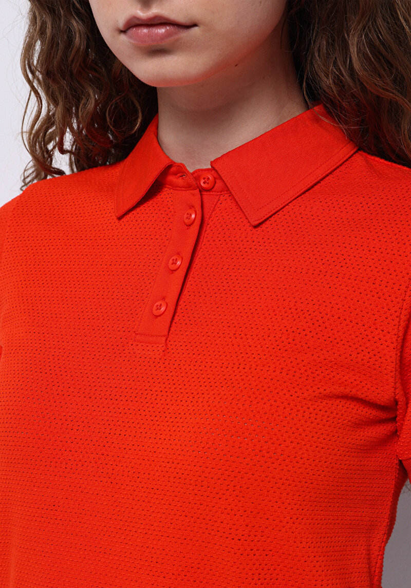 Slim Fit Polo Yaka Düz Kadın Kirmizi Kısa Kol Tişört