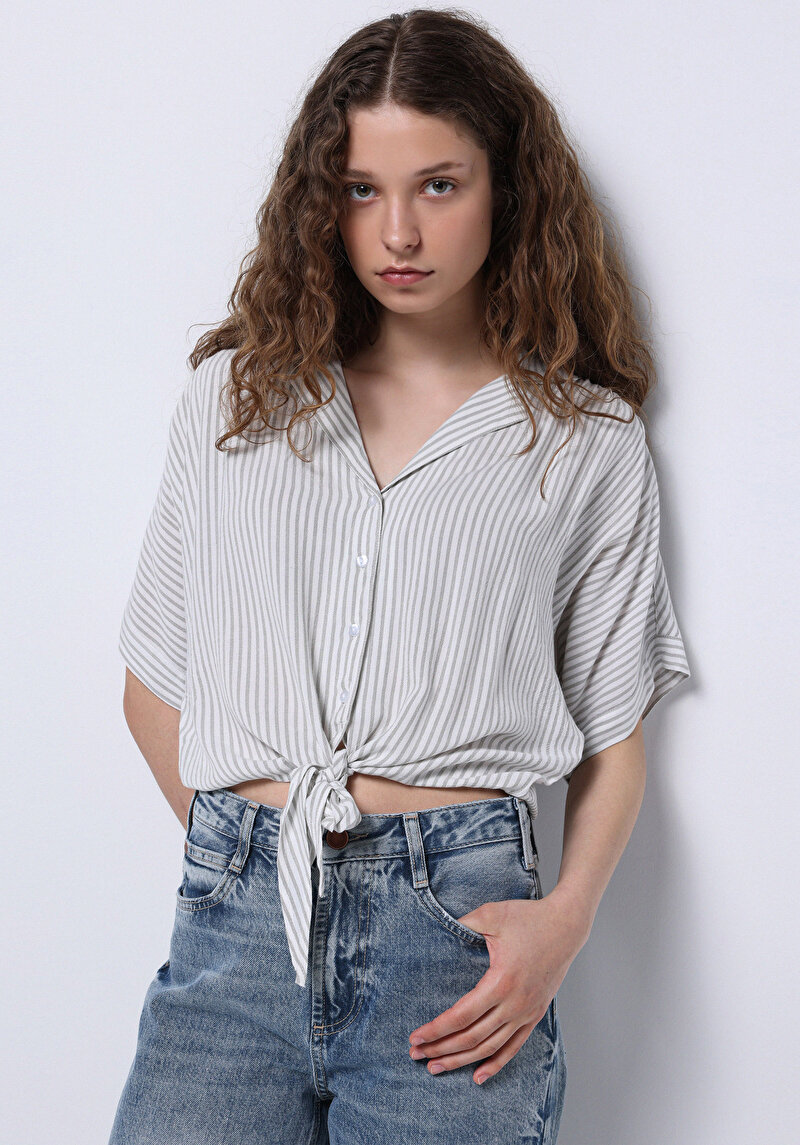 Regular Fit Shirt Neck Çizgili Kadın Yeşil Kısa Kol Gömlek