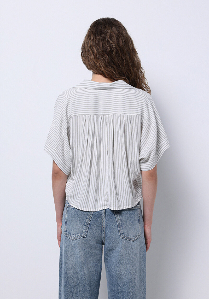 Regular Fit Shirt Neck Çizgili Kadın Yeşil Kısa Kol Gömlek