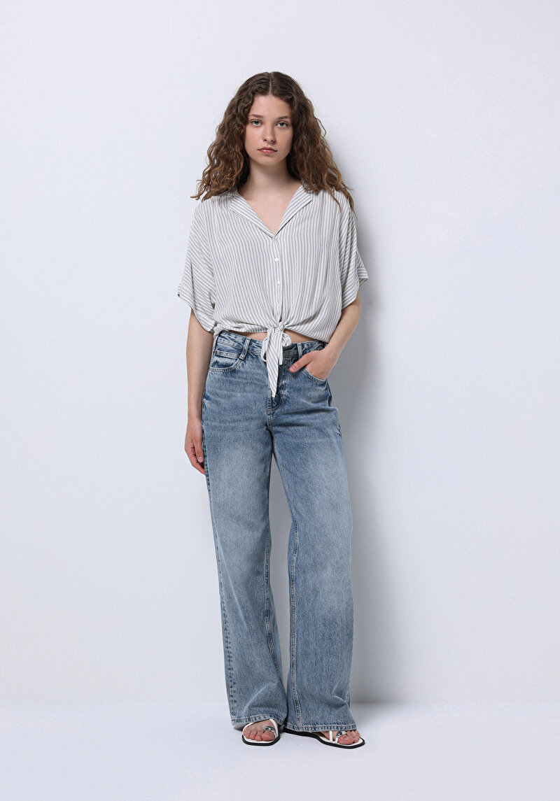 Regular Fit Shirt Neck Çizgili Kadın Yeşil Kısa Kol Gömlek