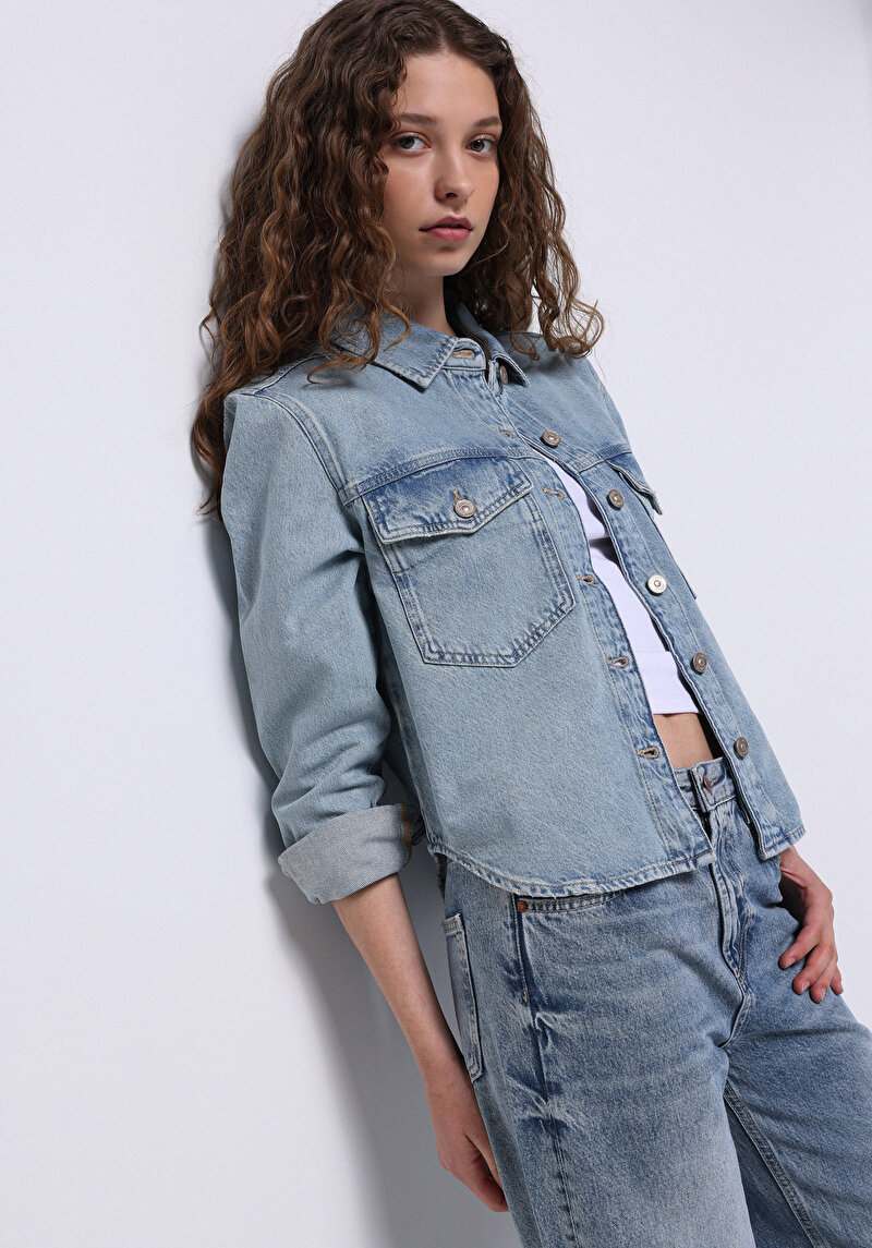 Regular Fit Klasik Bedenli Düz Kadın Mavi Uzun Kol Gömlek