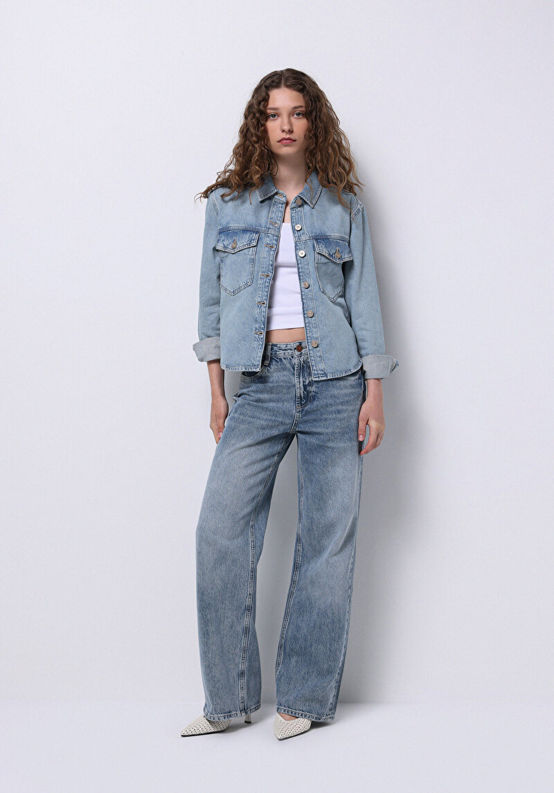 Regular Fit Klasik Bedenli Düz Kadın Mavi Uzun Kol Gömlek