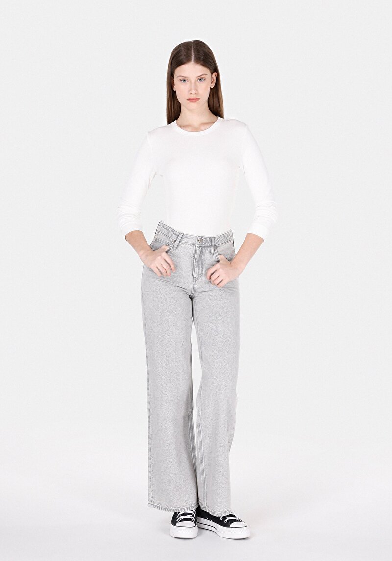 Regular Fit Yüksek Bel Geniş Paça Kadın Gri Jean Pantolon