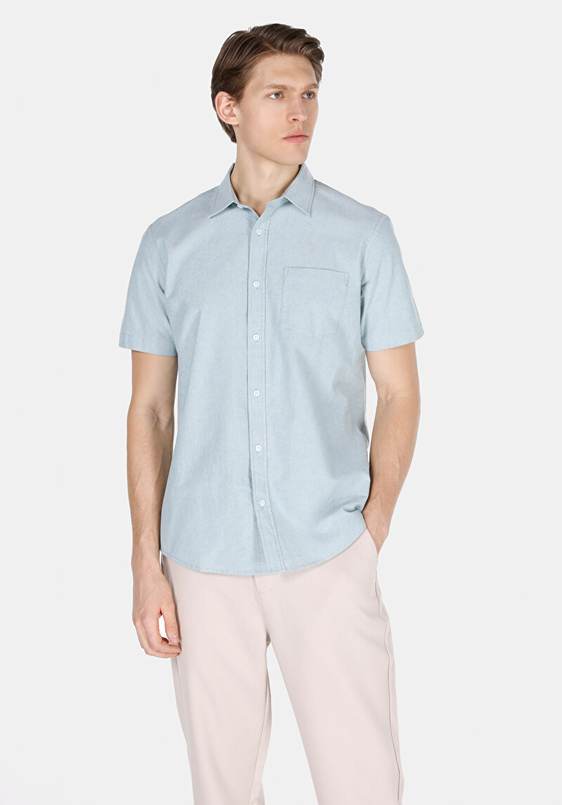 Regular Fit Shirt Neck Düz Erkek Yeşil Kısa Kol Gömlek