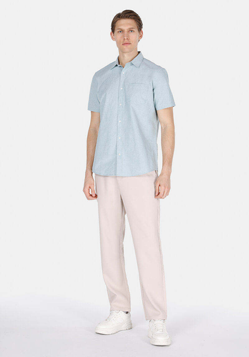 Regular Fit Shirt Neck Düz Erkek Yeşil Kısa Kol Gömlek