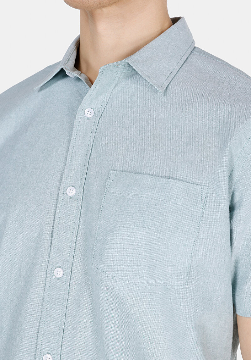 Regular Fit Shirt Neck Düz Erkek Yeşil Kısa Kol Gömlek