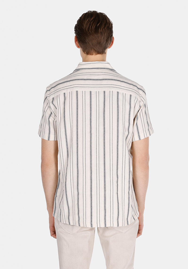 Regular Fit Shirt Neck Çizgili Erkek Ekru Kısa Kol Gömlek