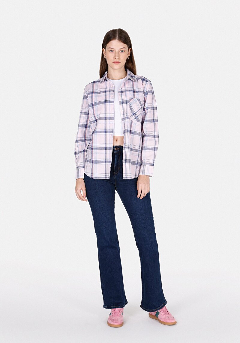 Regular Fit Shirt Neck Ekoseli Kadın Pembe Uzun Kol Gömlek