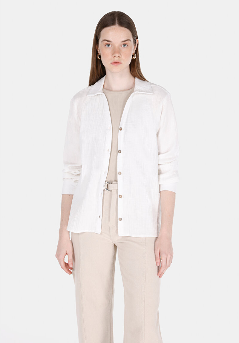 Regular Fit Shirt Neck Düz Kadın Beyaz Uzun Kol Gömlek