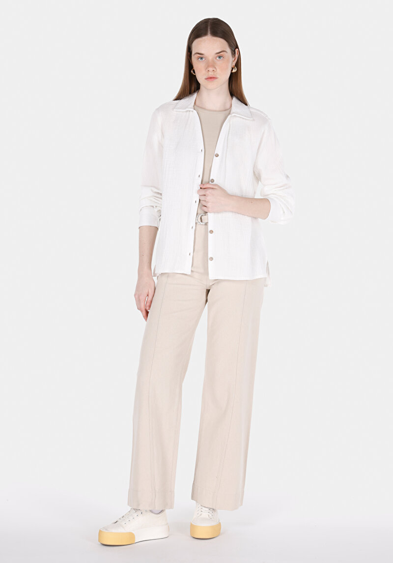 Regular Fit Shirt Neck Düz Kadın Beyaz Uzun Kol Gömlek