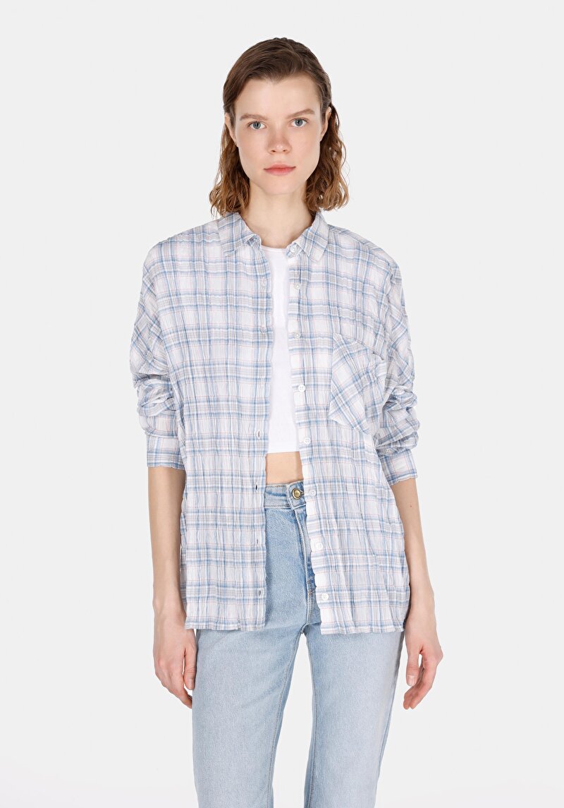 Relaxed Fit Shirt Neck Ekoseli Kadın Mavi Uzun Kol Gömlek