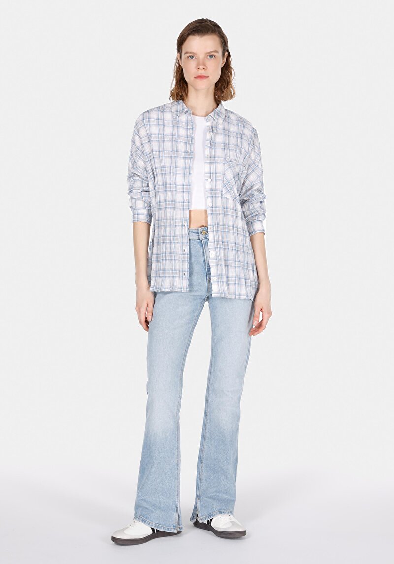 Relaxed Fit Shirt Neck Ekoseli Kadın Mavi Uzun Kol Gömlek