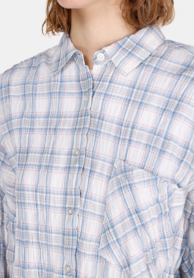 Relaxed Fit Shirt Neck Ekoseli Kadın Mavi Uzun Kol Gömlek