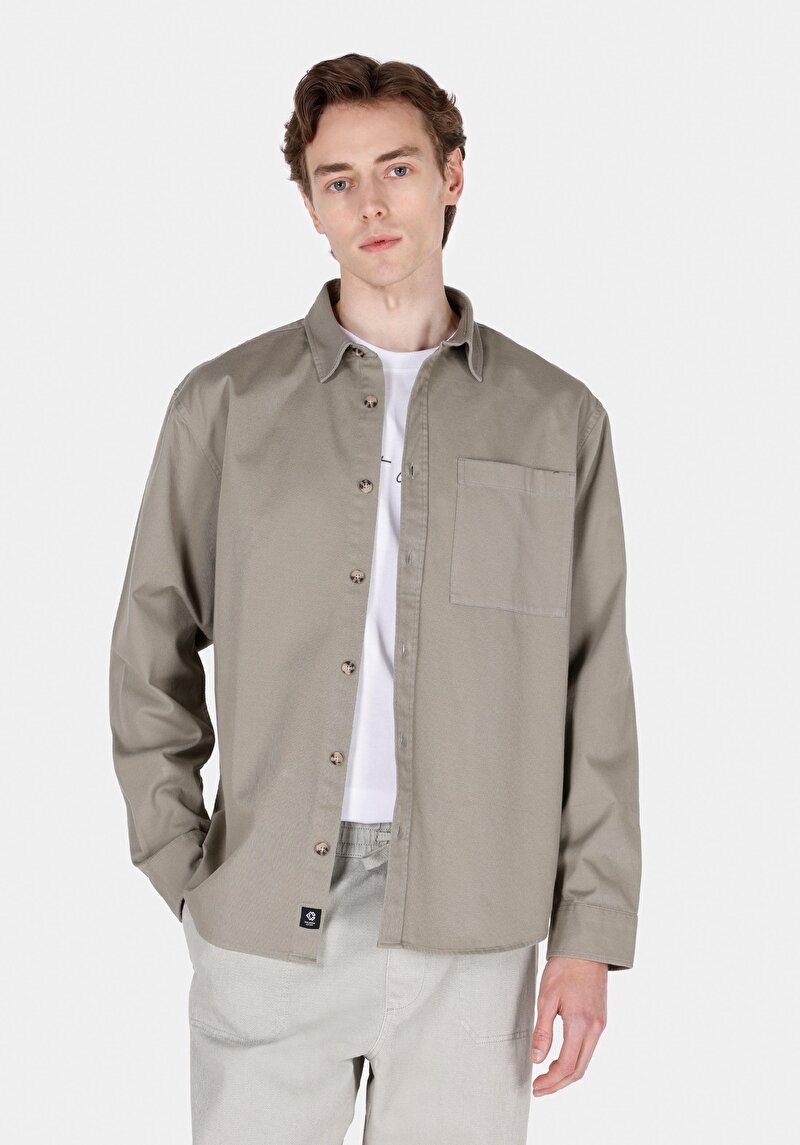 Comfort Fit Shirt Neck Düz Erkek Yeşil Uzun Kol Gömlek