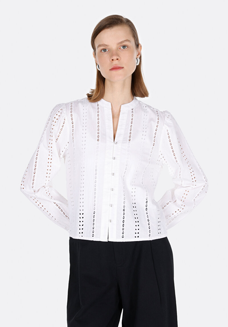 Regular Fit Hakim Yaka Düz Kadın Beyaz Uzun Kol Gömlek