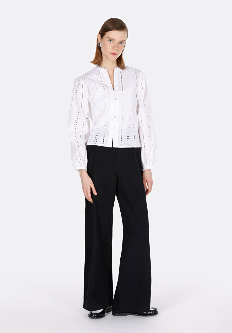 Regular Fit Hakim Yaka Düz Kadın Beyaz Uzun Kol Gömlek