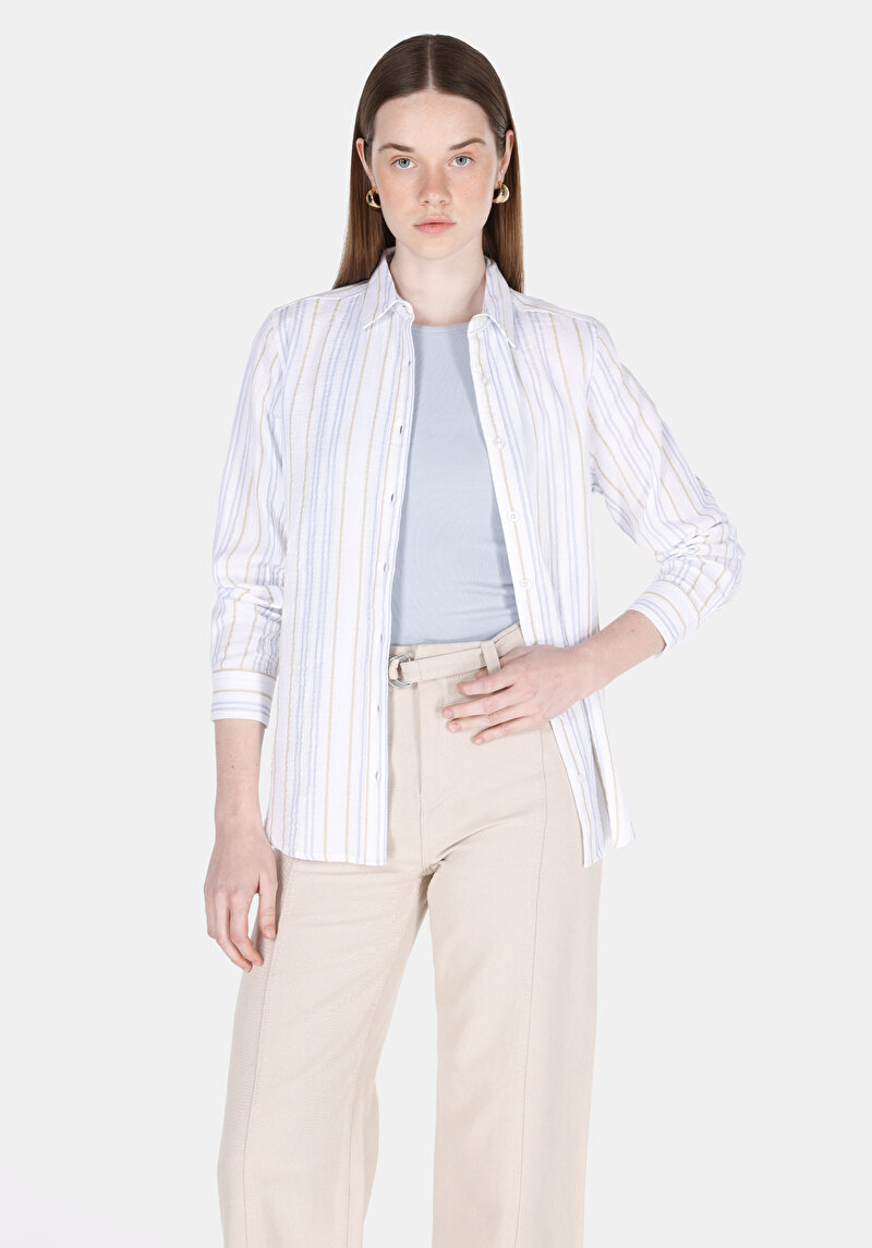 Regular Fit Shirt Neck Çizgili Kadın Beyaz Uzun Kol Gömlek
