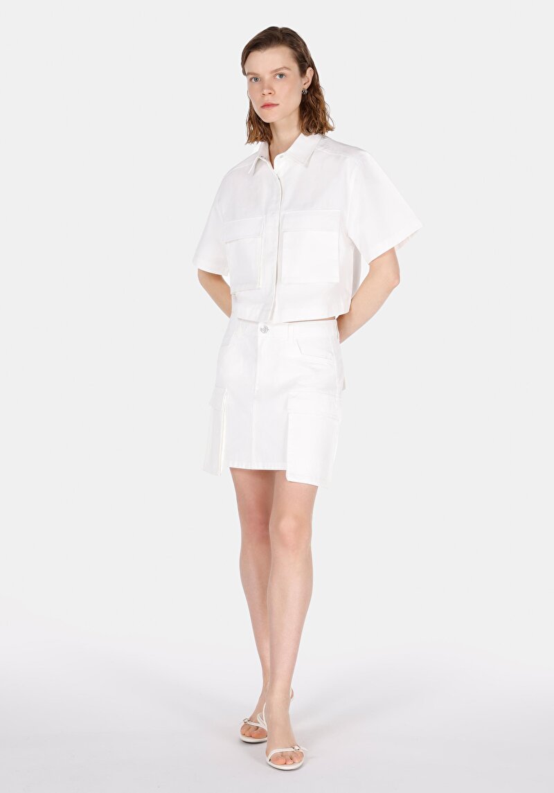 Mini Düz Fermuarlı Kadın Beyaz Etek