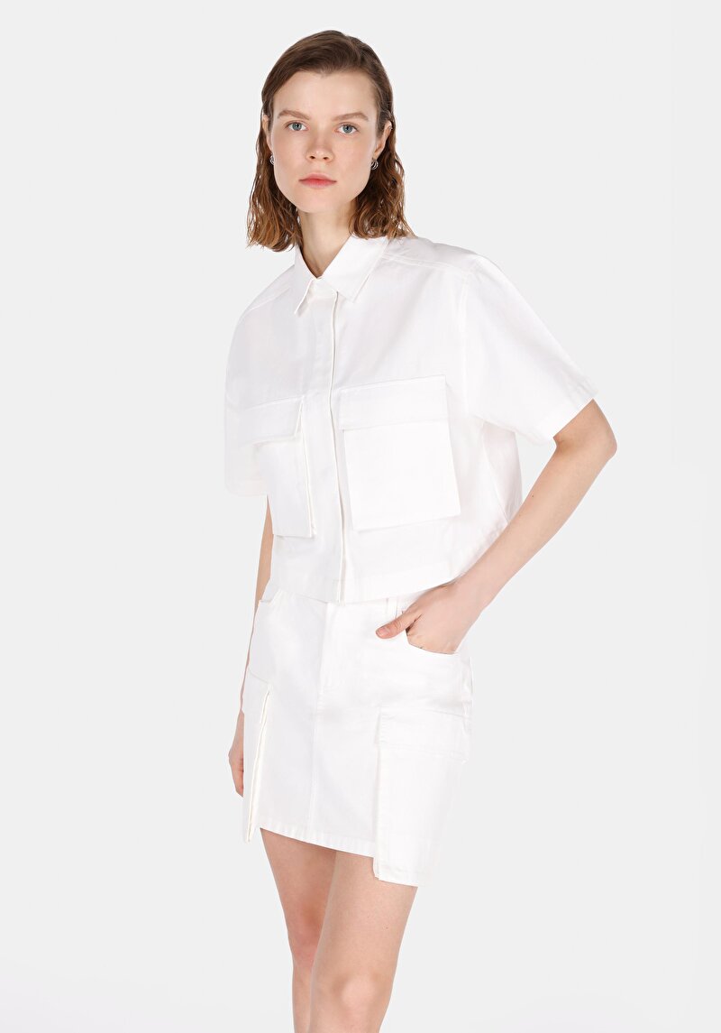 Regular Fit Shirt Neck Düz Kadın Beyaz Kısa Kol Gömlek