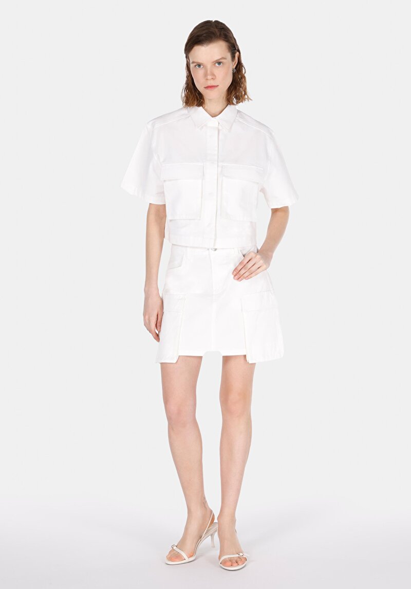 Regular Fit Shirt Neck Düz Kadın Beyaz Kısa Kol Gömlek