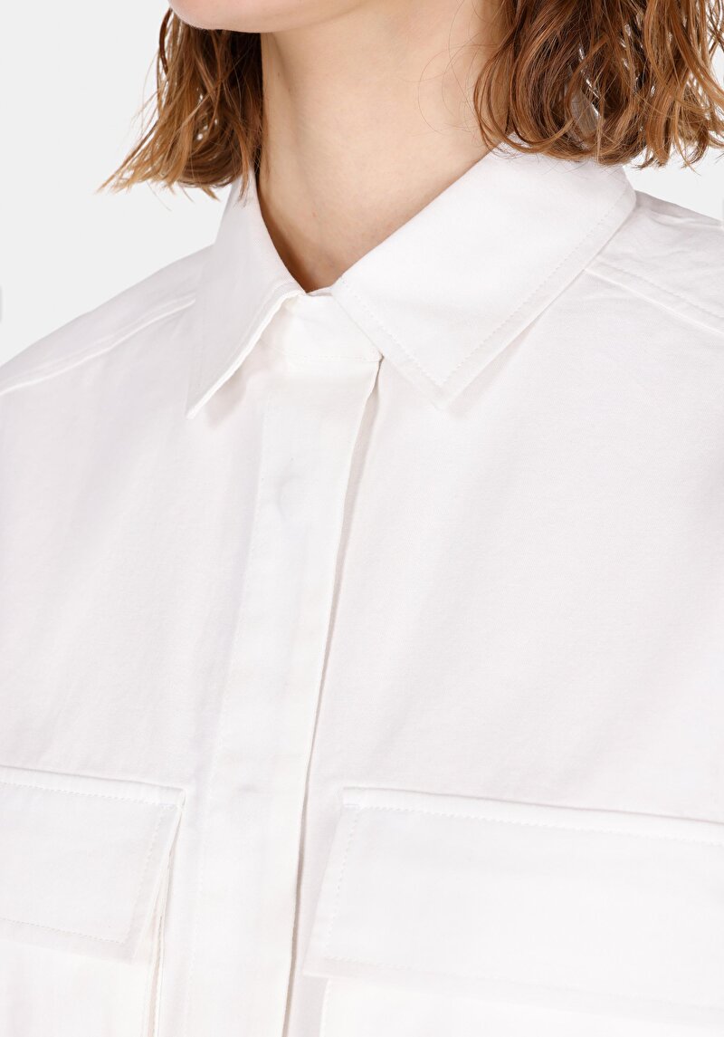 Regular Fit Shirt Neck Düz Kadın Beyaz Kısa Kol Gömlek