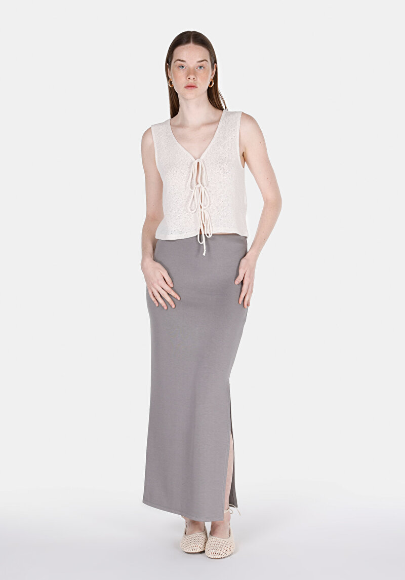 Slim Fit Düz  Kadın Gri Etek