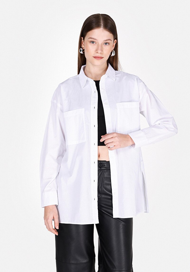 Regular Fit Shirt Neck Pamuklu Düz Kadın Beyaz Uzun Kol Gömlek