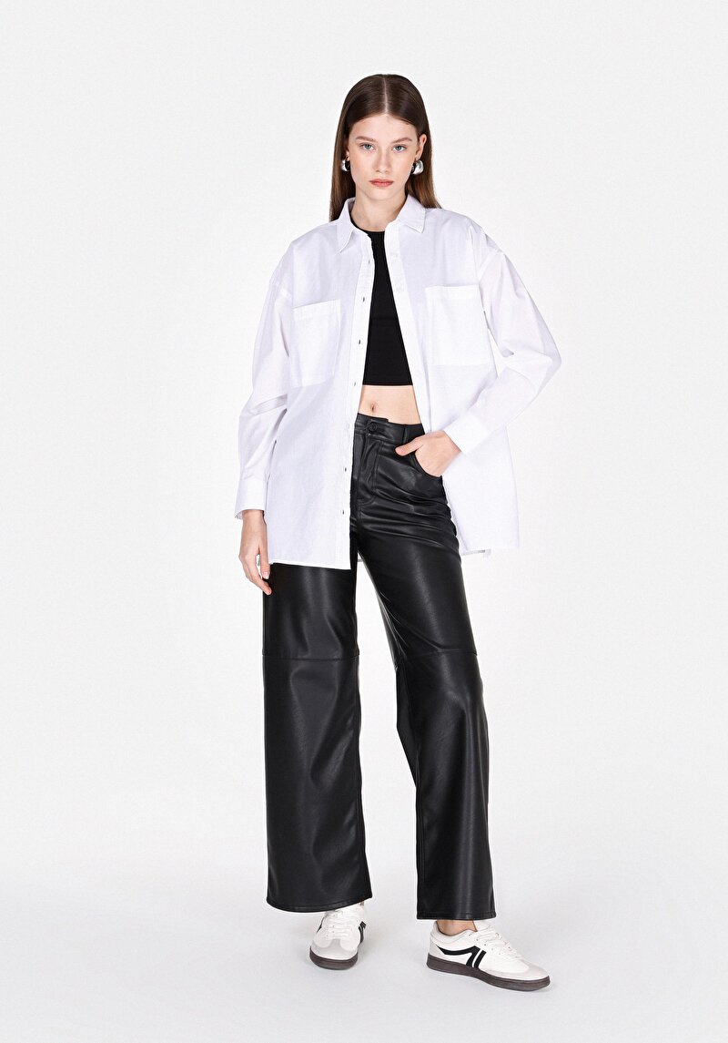 Regular Fit Shirt Neck Pamuklu Düz Kadın Beyaz Uzun Kol Gömlek