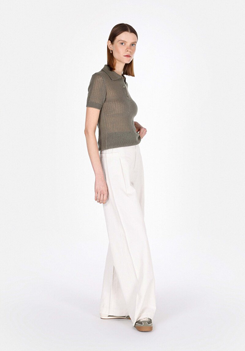 Regular Fit Yüksel Bel Geniş Paça Cepli Kadın Beyaz Pantolon