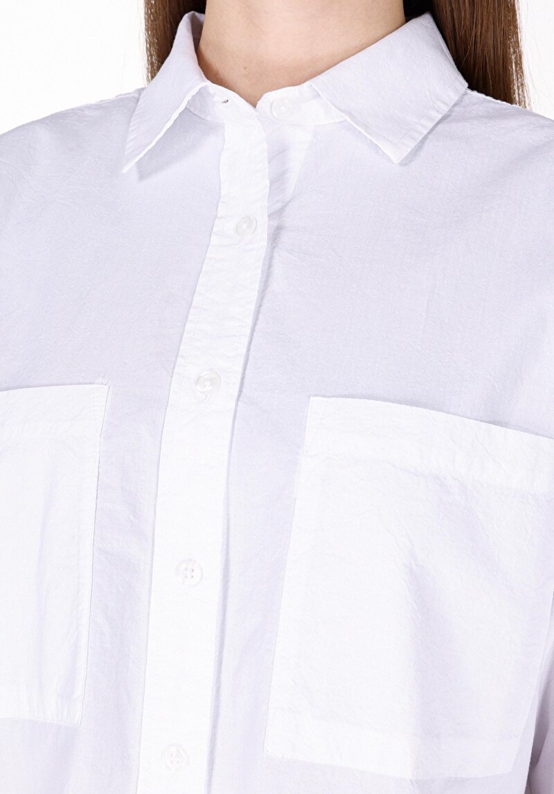 Regular Fit Shirt Neck Pamuklu Düz Kadın Beyaz Uzun Kol Gömlek