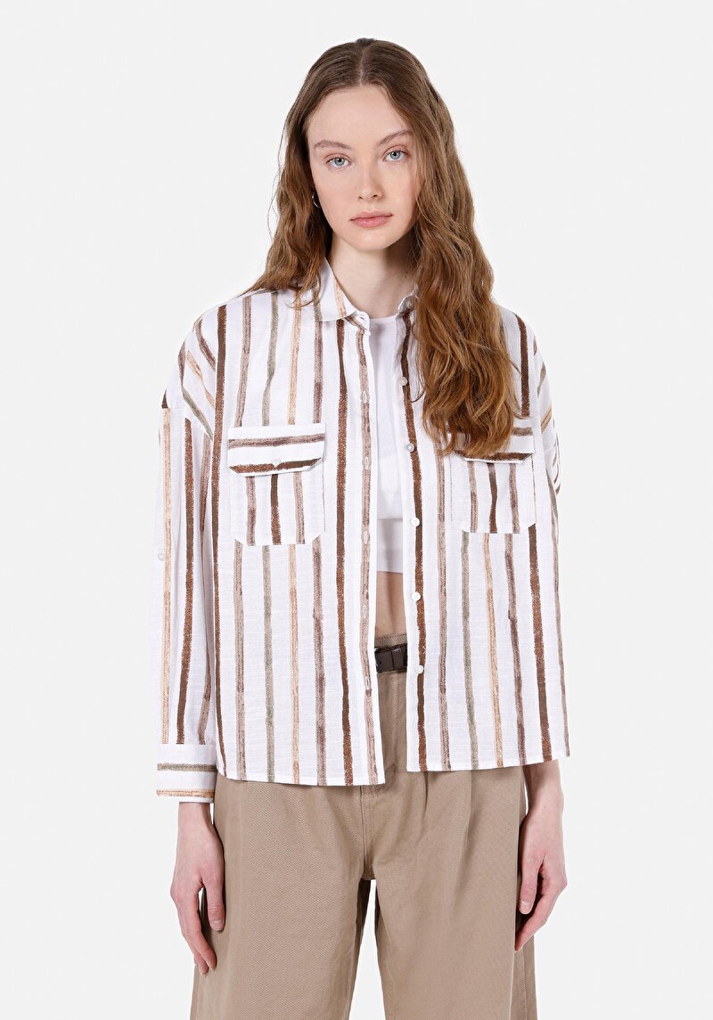 Regular Fit Shirt Neck Çizgili Kadın Beyaz Roll-up Gömlek