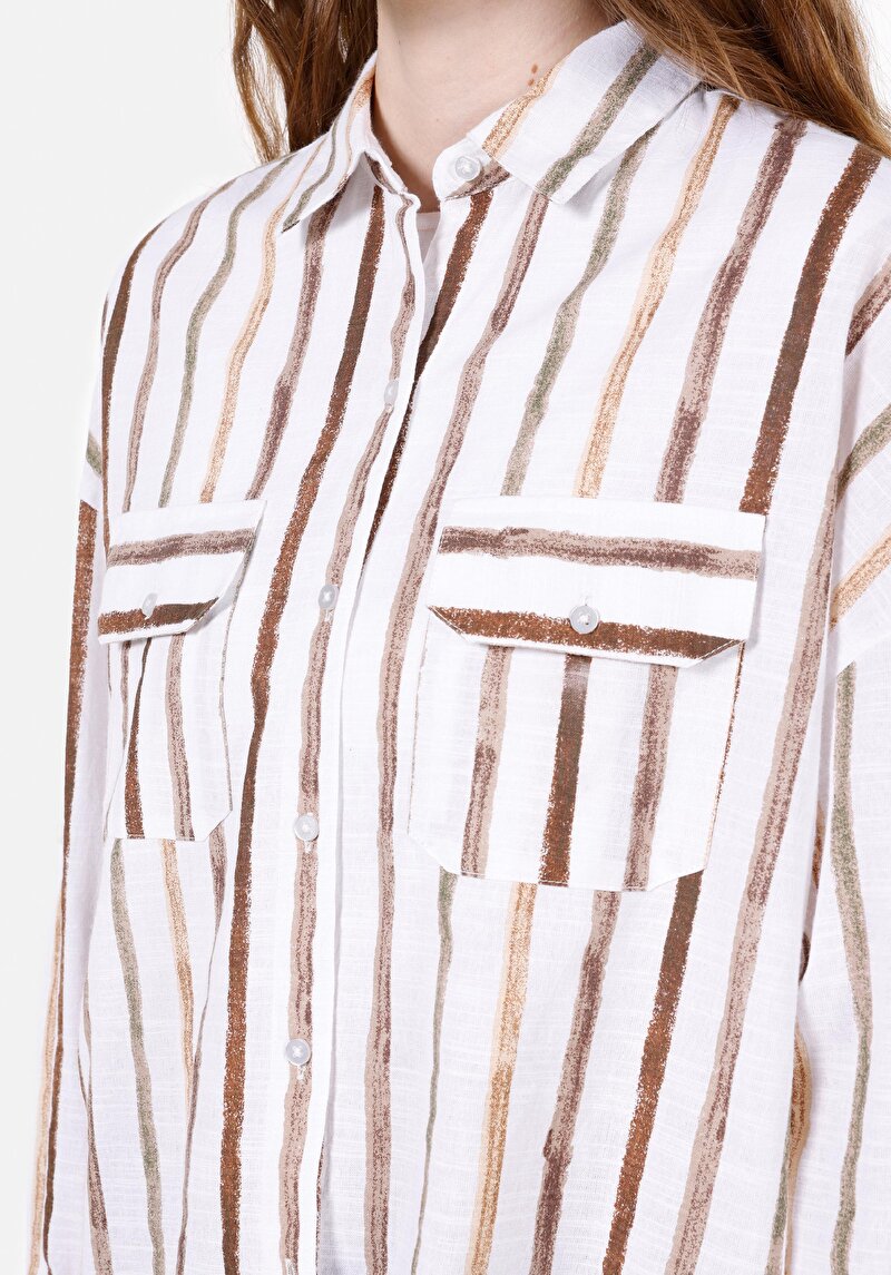 Regular Fit Shirt Neck Çizgili Kadın Beyaz Roll-up Gömlek