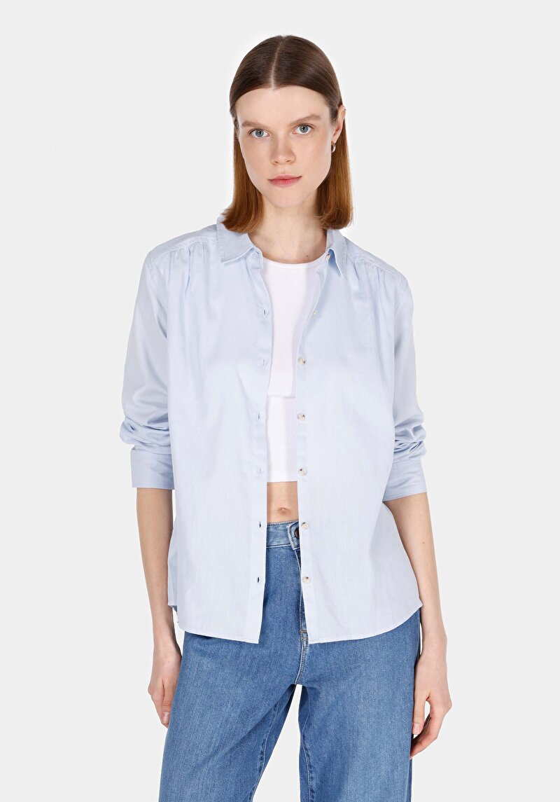 Regular Fit Shirt Neck Pamuklu Düz Kadın Mavi Uzun Kol Gömlek