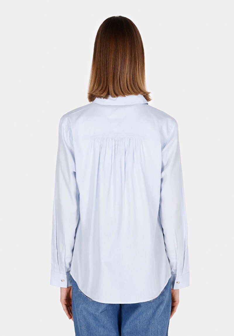 Regular Fit Shirt Neck Pamuklu Düz Kadın Mavi Uzun Kol Gömlek