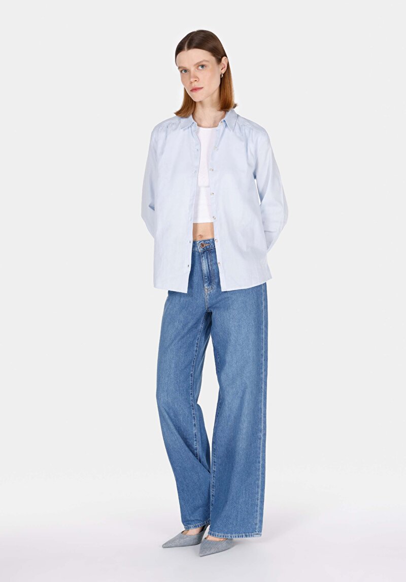 Regular Fit Shirt Neck Pamuklu Düz Kadın Mavi Uzun Kol Gömlek