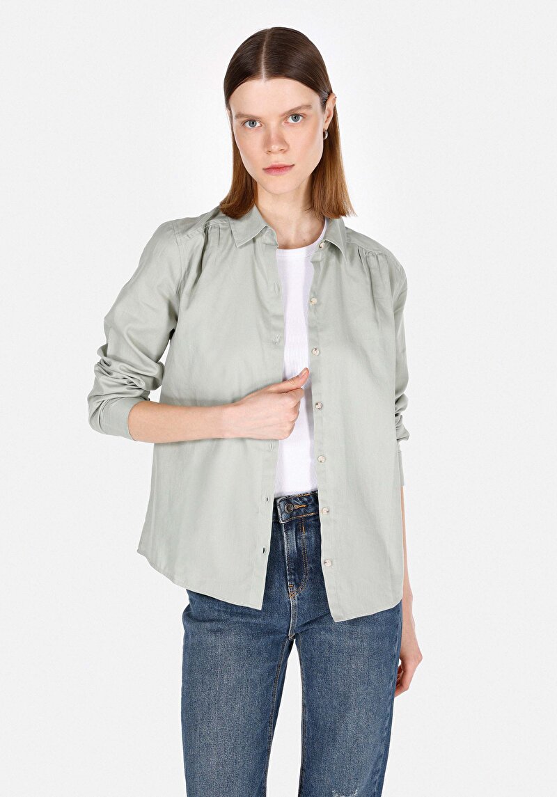 Regular Fit Shirt Neck Pamuklu Cepsiz Düz Kadın Yeşil Uzun Kol Gömlek