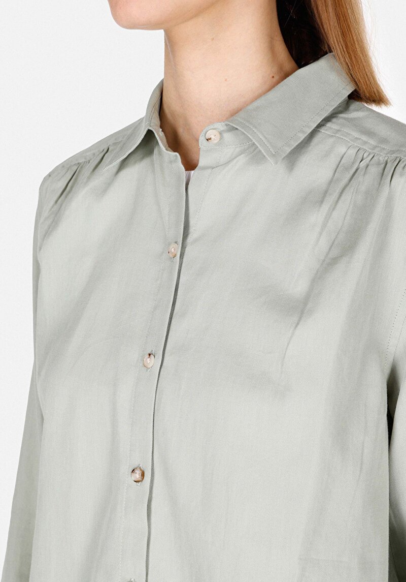 Regular Fit Shirt Neck Pamuklu Cepsiz Düz Kadın Yeşil Uzun Kol Gömlek