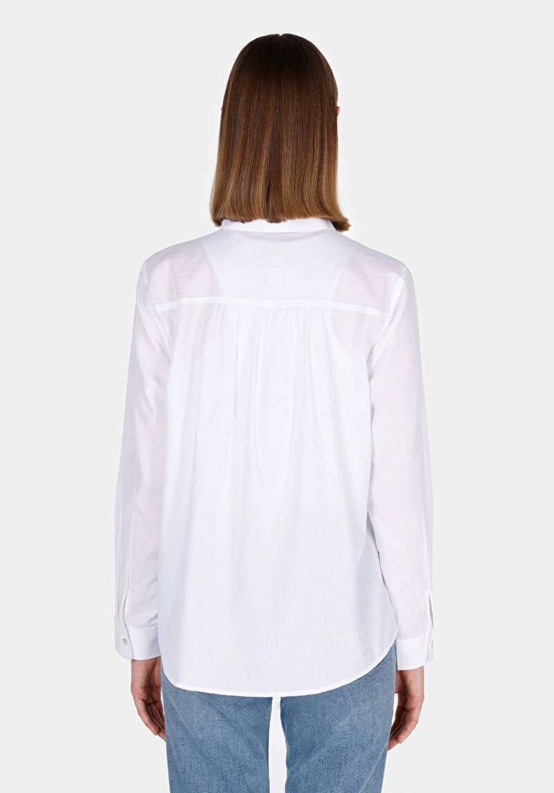 Regular Fit Shirt Neck Düz Kadın Beyaz Uzun Kol Gömlek
