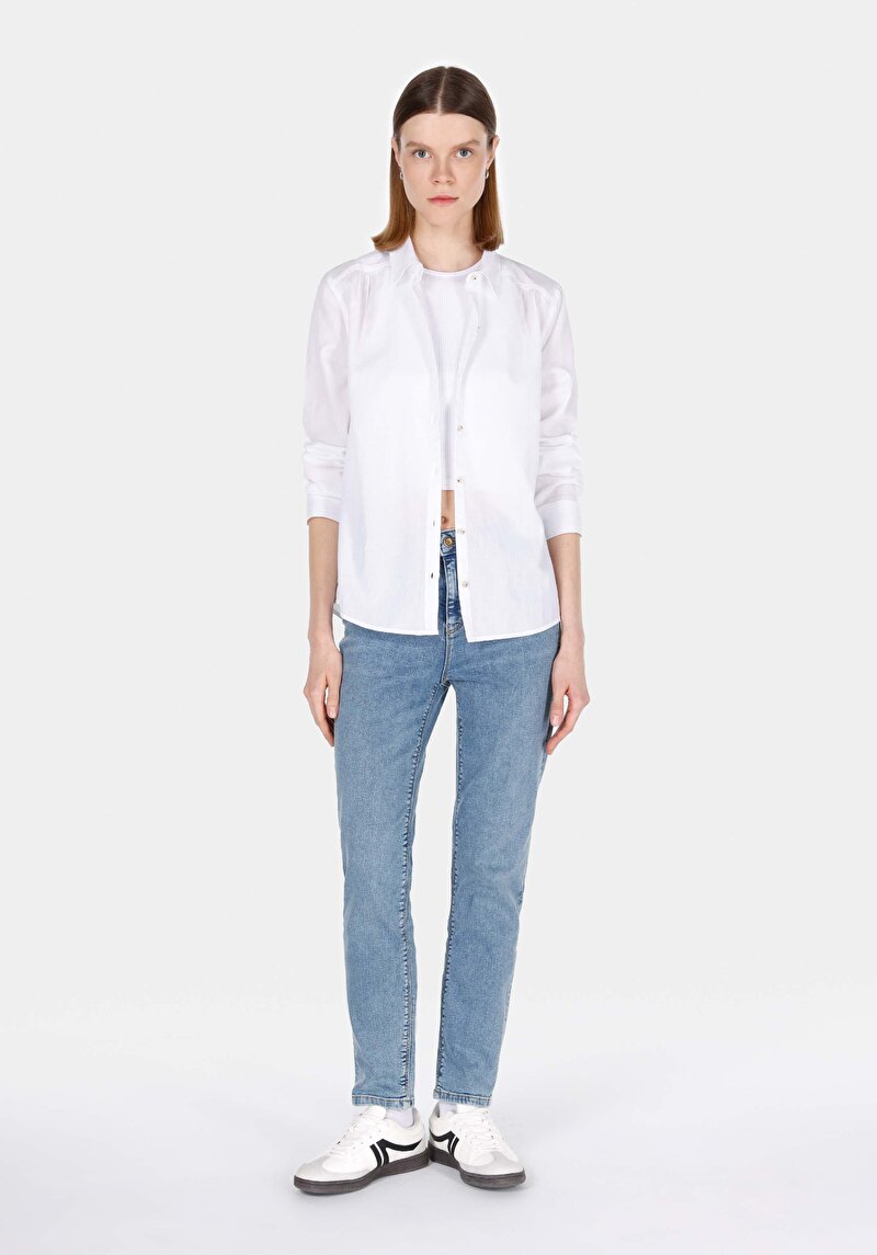 Regular Fit Shirt Neck Düz Kadın Beyaz Uzun Kol Gömlek