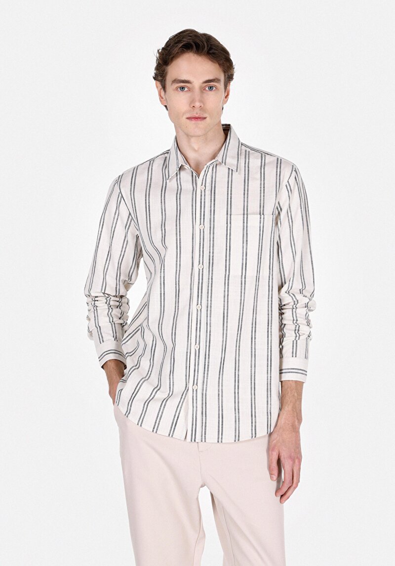 Regular Fit Shirt Neck Çizgili Erkek Ekru Uzun Kol Gömlek