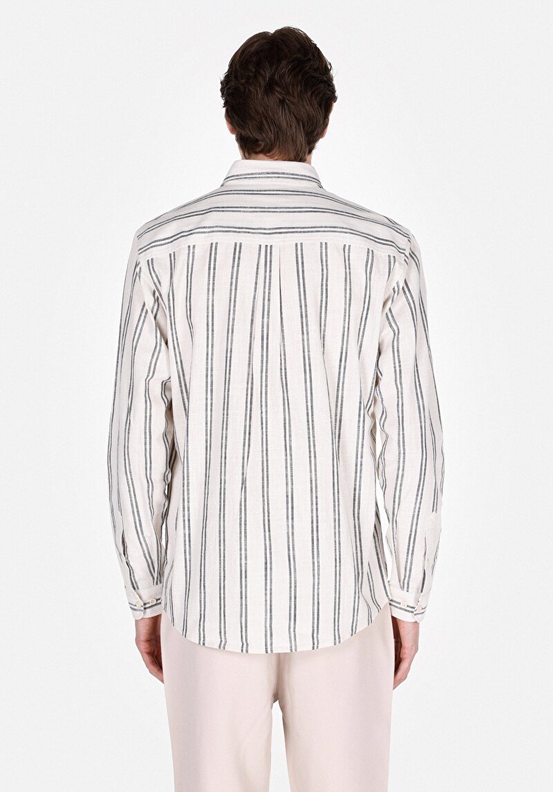 Regular Fit Shirt Neck Çizgili Erkek Ekru Uzun Kol Gömlek