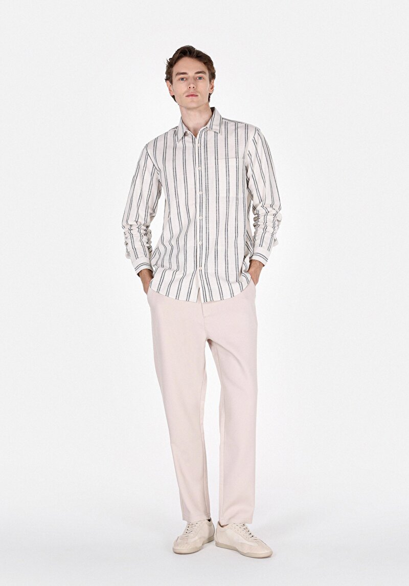 Regular Fit Shirt Neck Çizgili Erkek Ekru Uzun Kol Gömlek