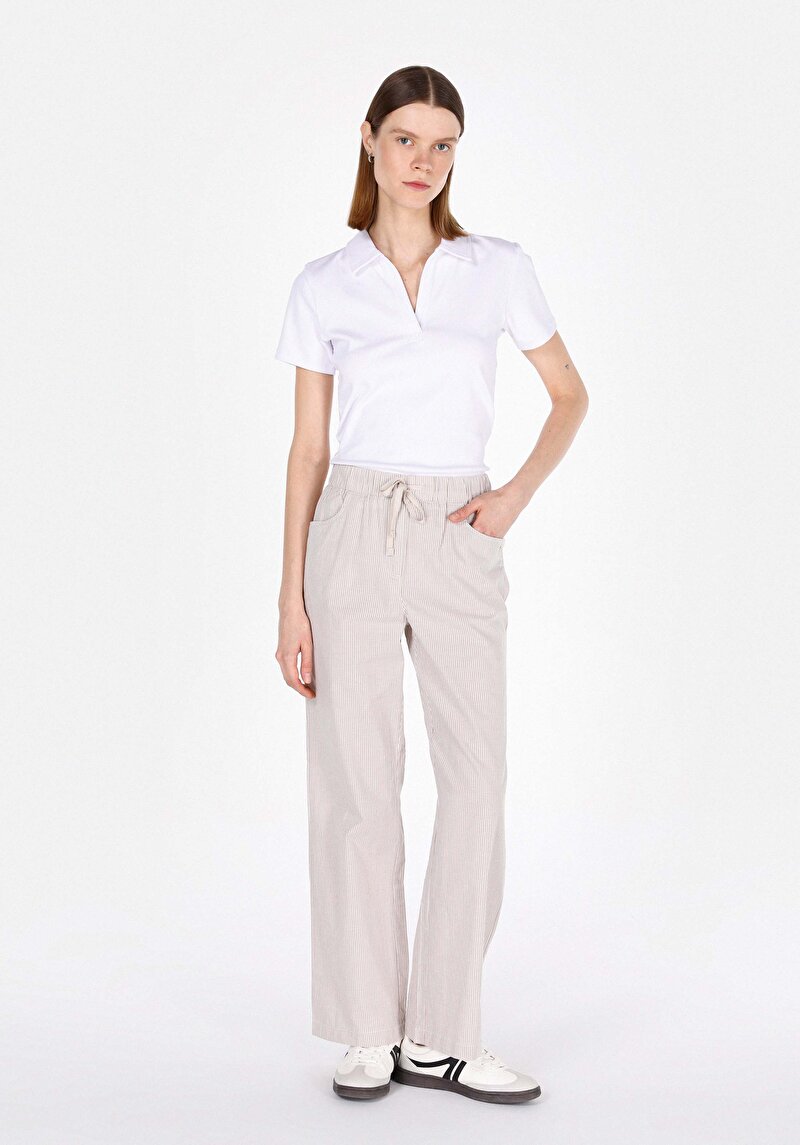 Straıght Fıt Yüksek Bel Geniş Paça Kadın Bej Pantolon