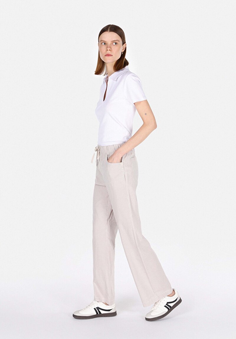 Straıght Fıt Yüksek Bel Geniş Paça Kadın Bej Pantolon