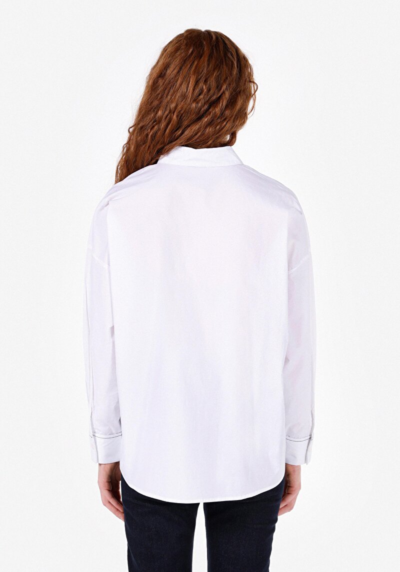 Regular Fit Shirt Neck Düz Kadın Beyaz Uzun Kol Gömlek