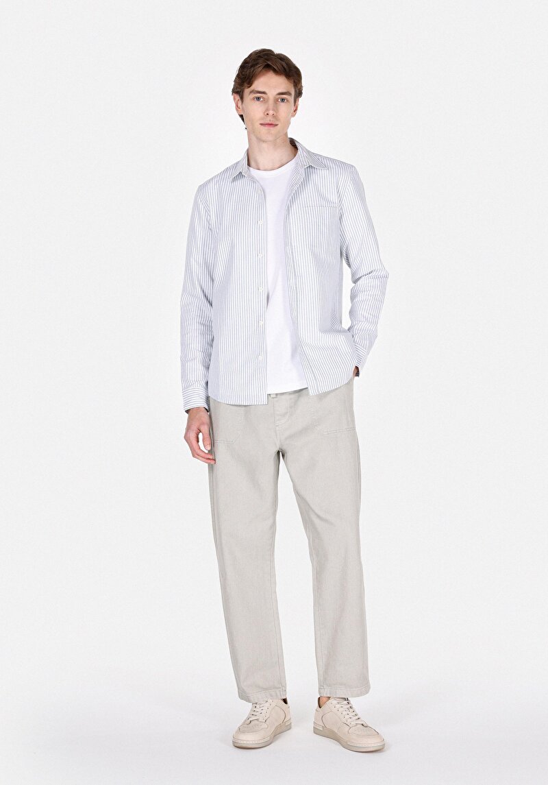 Slim Fit Shirt Neck Çizgili Erkek Turkuaz Uzun Kol Gömlek