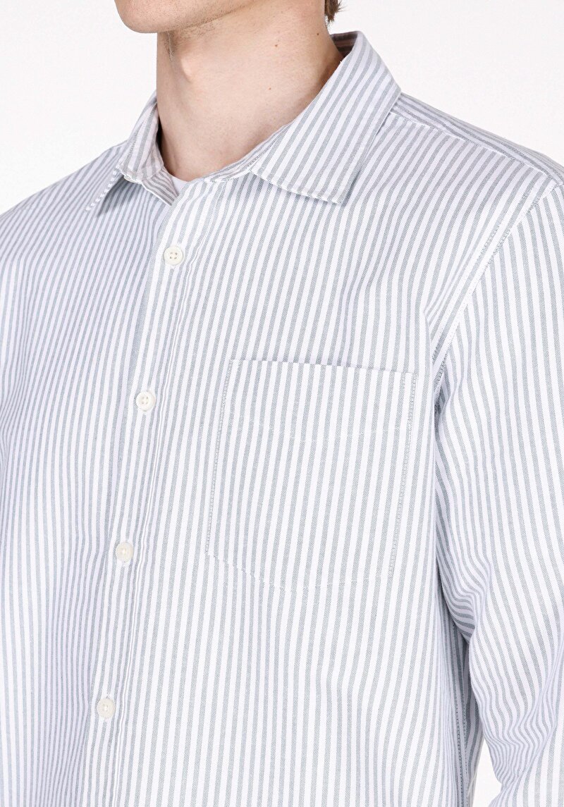 Slim Fit Shirt Neck Çizgili Erkek Turkuaz Uzun Kol Gömlek