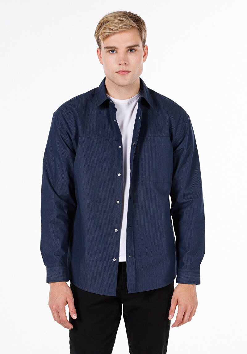 Regular Fit Shirt Neck Düz Erkek Lacivert Uzun Kol Gömlek