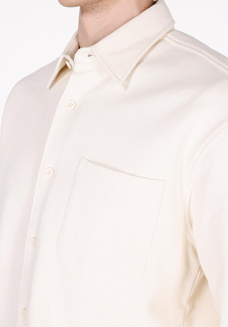 Regular Fit Shirt Neck Düz Erkek Ekru Uzun Kol Gömlek