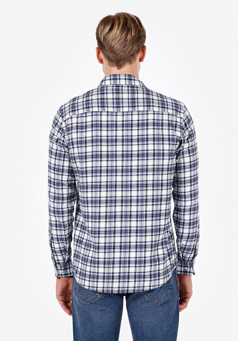 Regular Fit Shirt Neck Ekoseli Erkek Lacivert Uzun Kol Gömlek